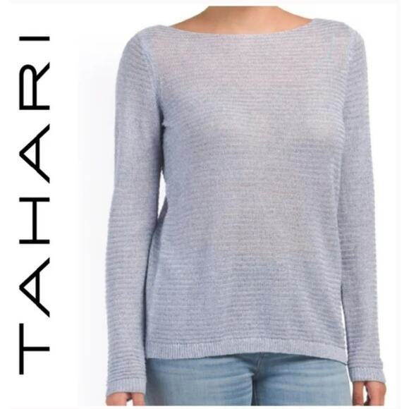 Tahari Blue Linen Boatneck Ribbed LS Sheer Sweater Size L - Picture 1 of 4